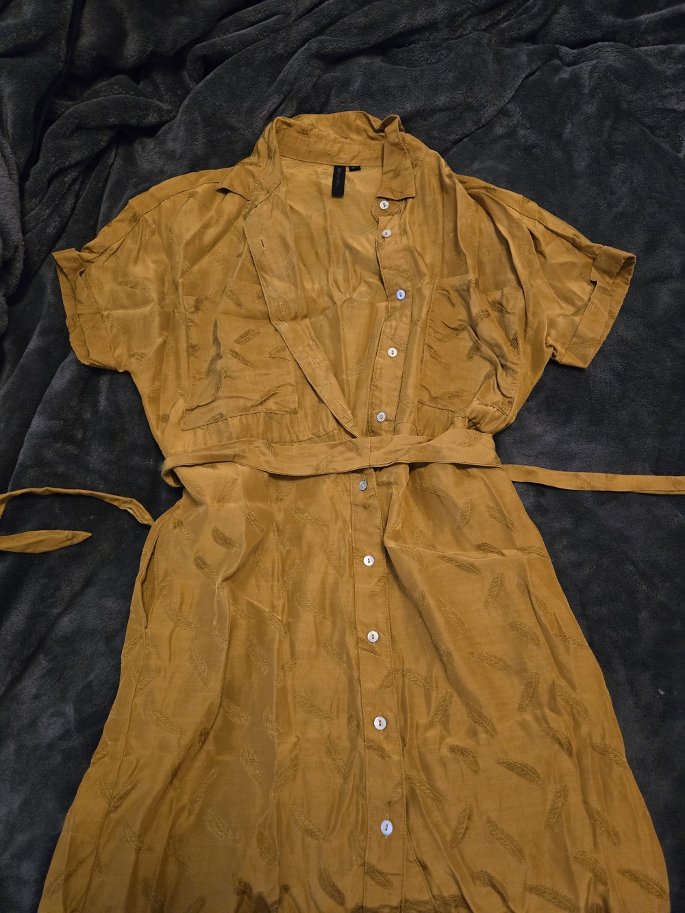 Button-Front Mustard Shirt Dress with Tie Belt
